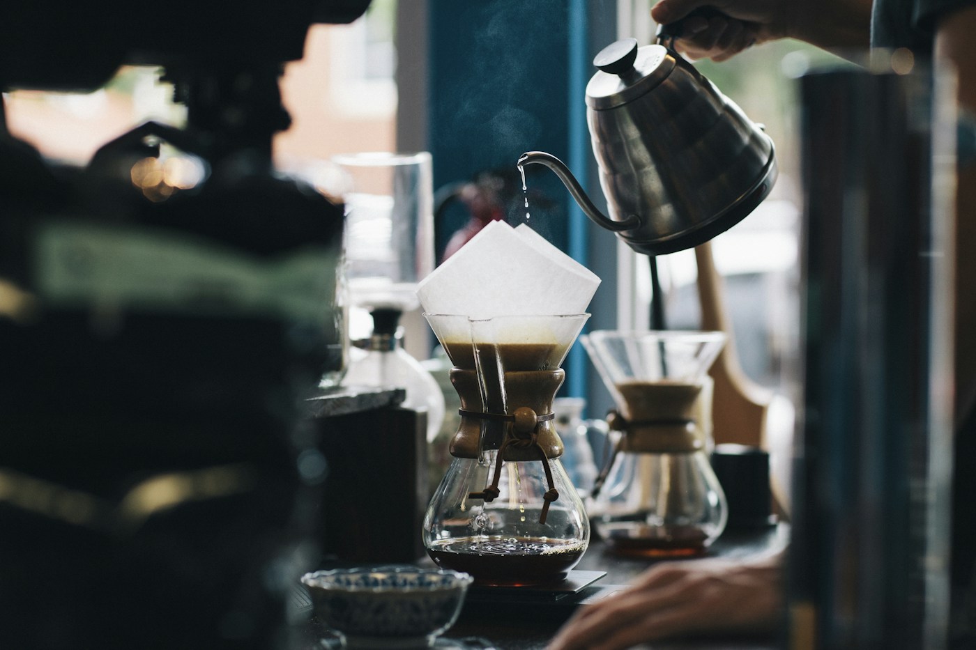 Pour-over coffee being made slowly by hand